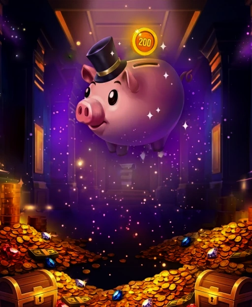 piggy bank slot game symbol floating above gold coins, cartoon casino pig with top hat and bonus coin in glowing slot machine scene