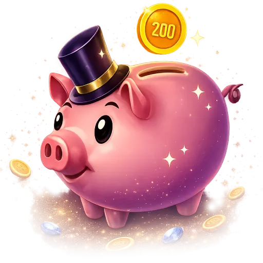 piggy bank slot icon with top hat and coin reward, cartoon casino pig with gold coins and glowing effects on dark background