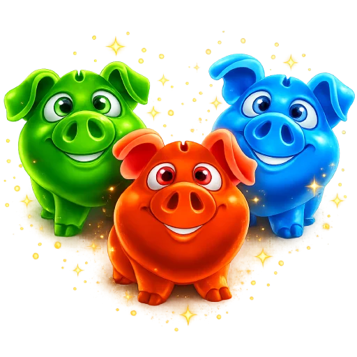 Colorful banner featuring three glossy cartoon piggy banks in green, orange, and blue arranged in a triangular composition, isolated on a clean background with glowing golden sparkles, symbolizing savings, finance, and money management.